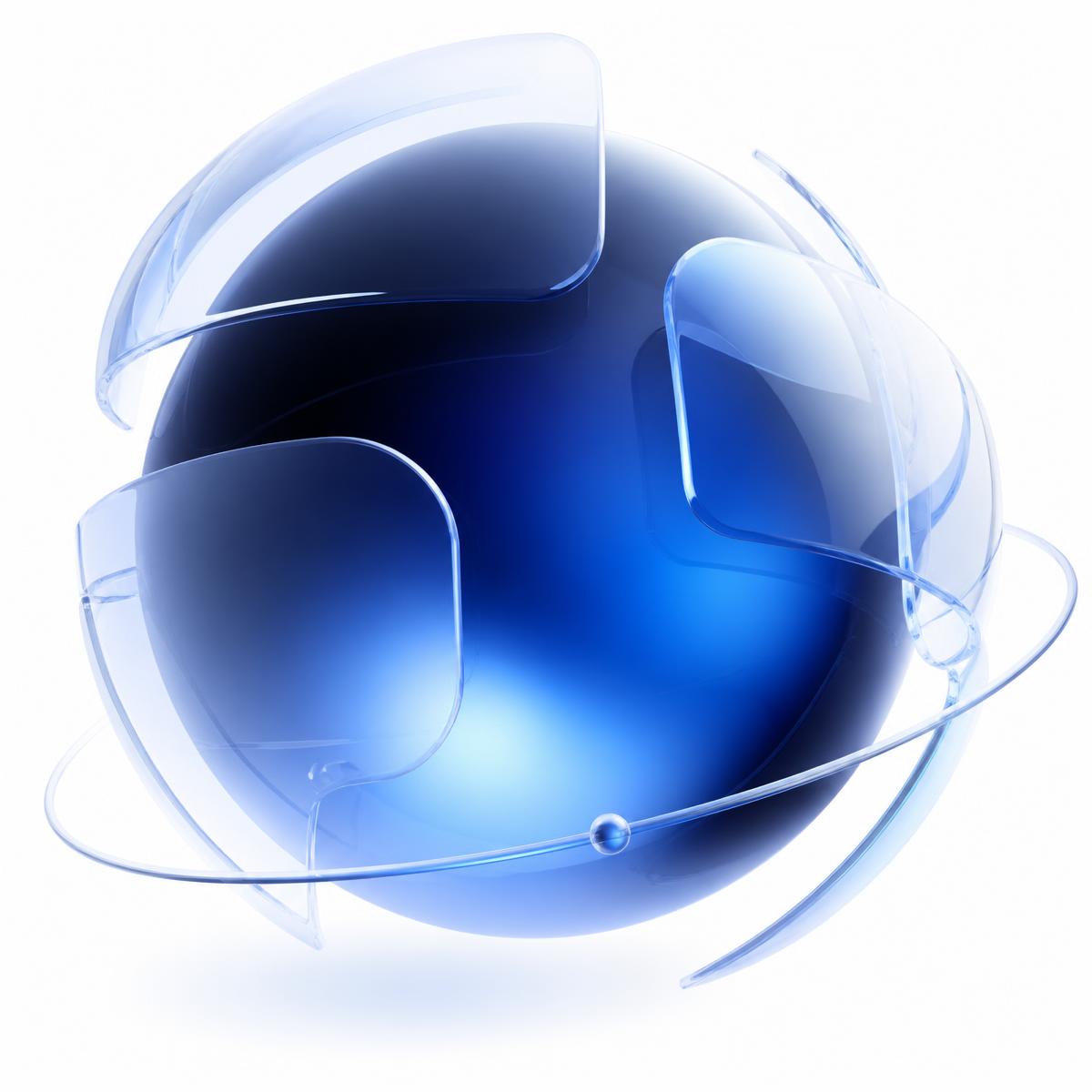 Abstract navy and electric blue glass sphere representing Dentora's dental growth system